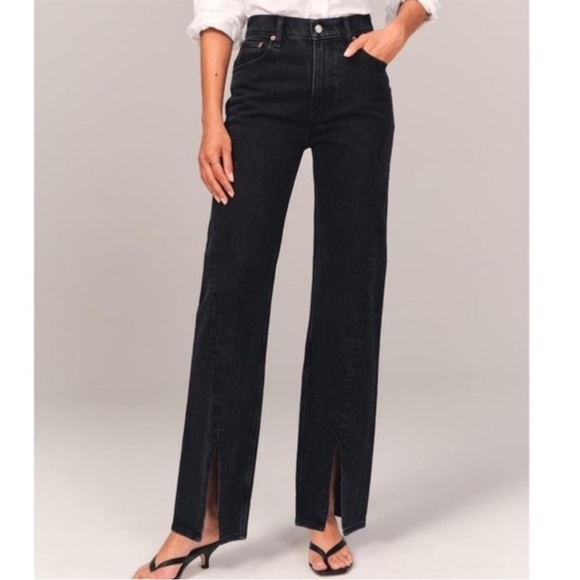 Abercrombie & Fitch 90’s Relaxed Jean high rise split Hem black 29 straight leg - Picture 1 of 16